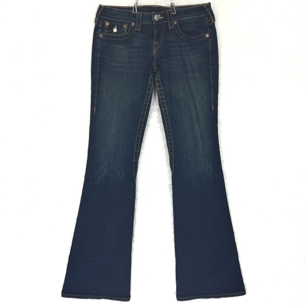 True Religion Womens Jeans Joey Flare Blue Denim Flap Pocket Dark Wash Low 29